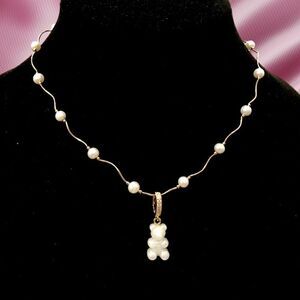 14 K GOLD AND FRESHWATER PEARLS NOSTALGIC GUMMY BEAR NECKLACE CUBIC ZIRCON